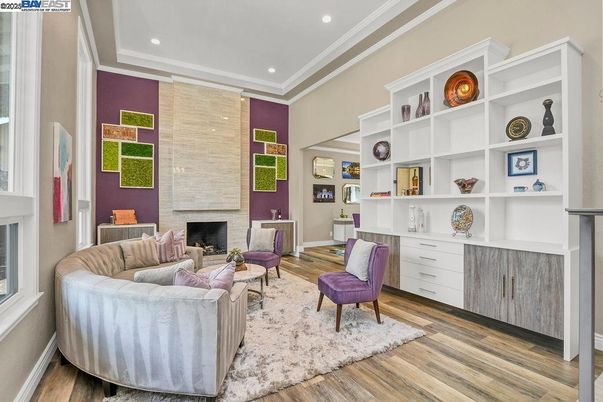 Fireplace, Interior, Living room, Recessed Lighting, Wood Texture Flooring