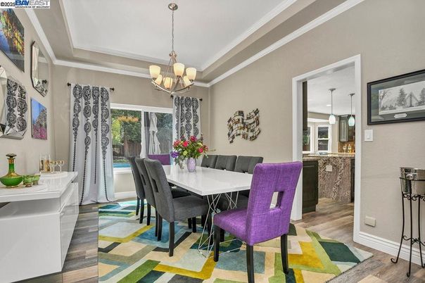 Chandelier, Dining room, Interior, Pendant Lights, Wood Texture Flooring