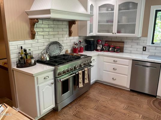 Interior, Kitchen, Stainless Steel Appliances, Stone Walls, Wood Texture Flooring