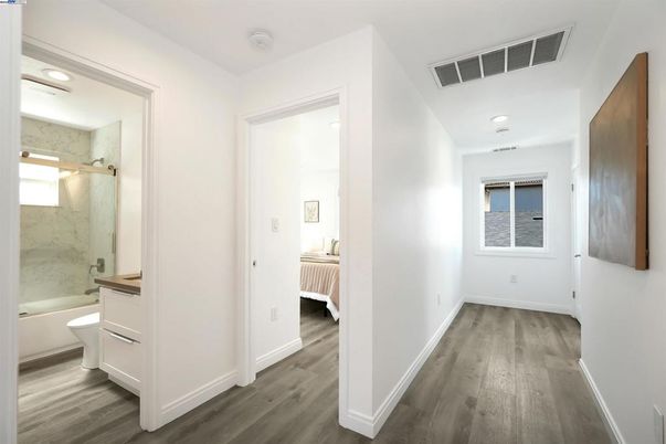 Bathroom, Interior, Marble Walls, Recessed Lighting, Wood Texture Flooring