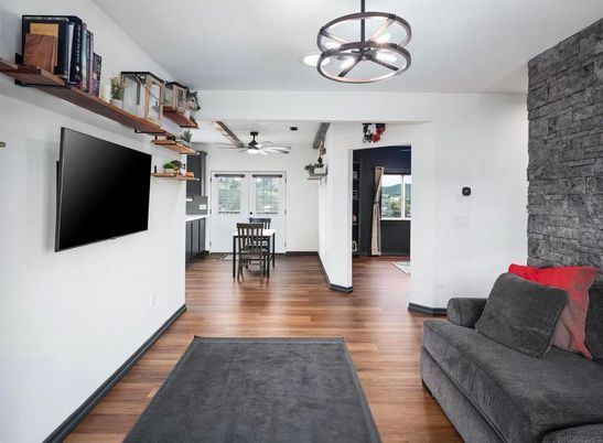 Dining room, Interior, Pendant Lights, Wood Texture Flooring