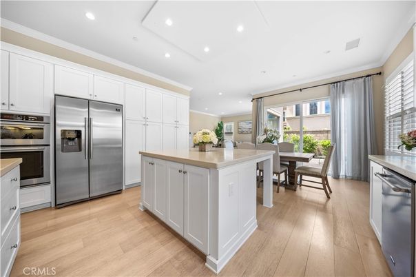 Dining room, Interior, Kitchen, Recessed Lighting, Stainless Steel Appliances, Wood Texture Flooring