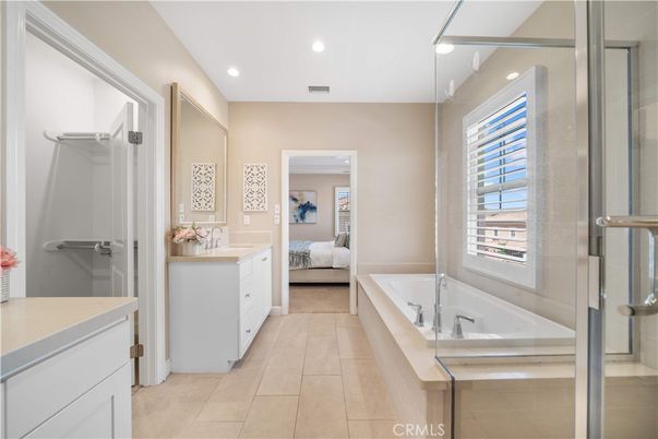 Bathroom, Bedroom, Dual Sink Vanities, Glass Shower, Interior, Recessed Lighting