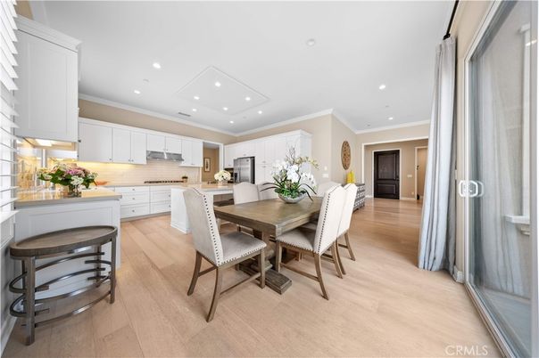 Dining room, Interior, Kitchen, Recessed Lighting, Stainless Steel Appliances, Wood Texture Flooring