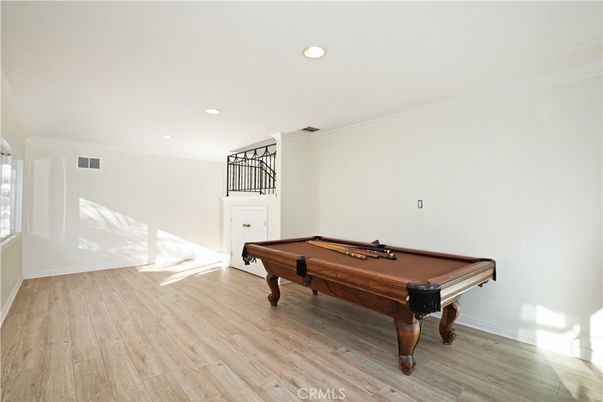 Billiard Table, Game Room, Interior, Recessed Lighting, Wood Texture Flooring