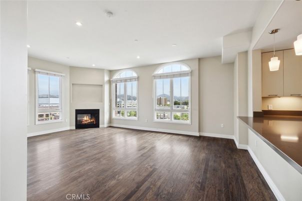 Empty room, Fireplace, Interior, Pendant Lights, Recessed Lighting, Wood Texture Flooring