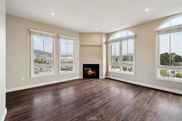Empty room, Fireplace, Interior, Recessed Lighting, Wood Texture Flooring