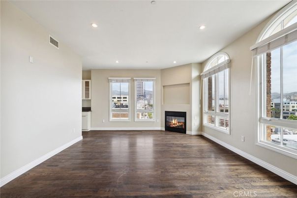 Empty room, Fireplace, Interior, Recessed Lighting, Wood Texture Flooring