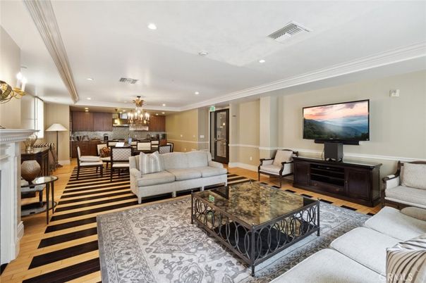 Chandelier, Dining room, Fireplace, Interior, Kitchen, Living room, Recessed Lighting, Wood Texture Flooring