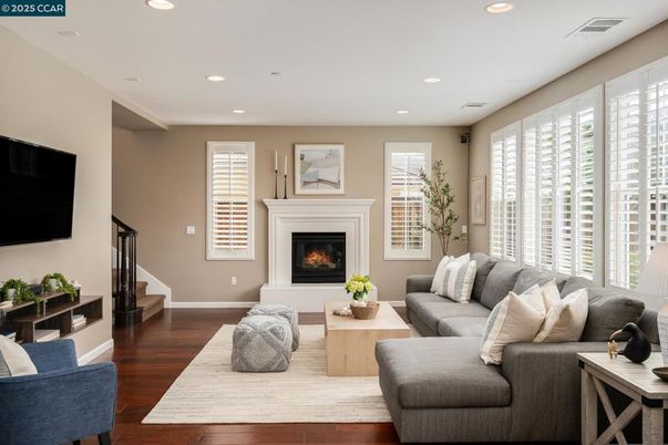 Fireplace, Interior, Living room, Recessed Lighting, Wood Texture Flooring