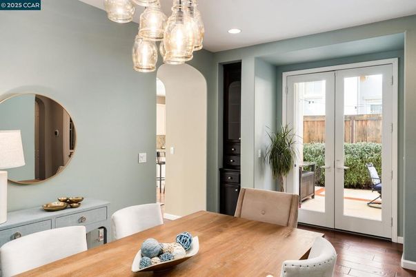 Dining room, Interior, Pendant Lights, Recessed Lighting, Wood Texture Flooring