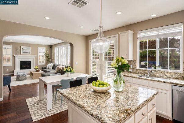 Dining room, Fireplace, Interior, Kitchen, Living room, Pendant Lights, Recessed Lighting, Wood Texture Flooring