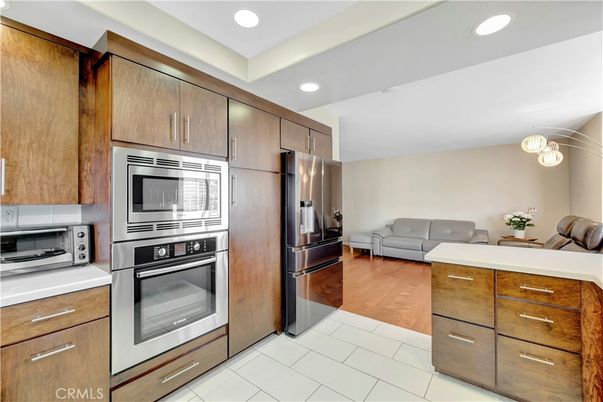 Interior, Kitchen, Living room, Recessed Lighting, Stainless Steel Appliances, Wood Texture Flooring