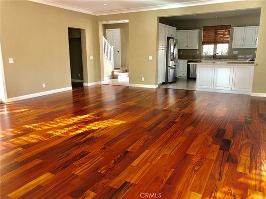 Empty room, Interior, Kitchen, Recessed Lighting, Wood Texture Flooring