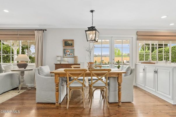 Dining room, Interior, Pendant Lights, Recessed Lighting, Wood Texture Flooring