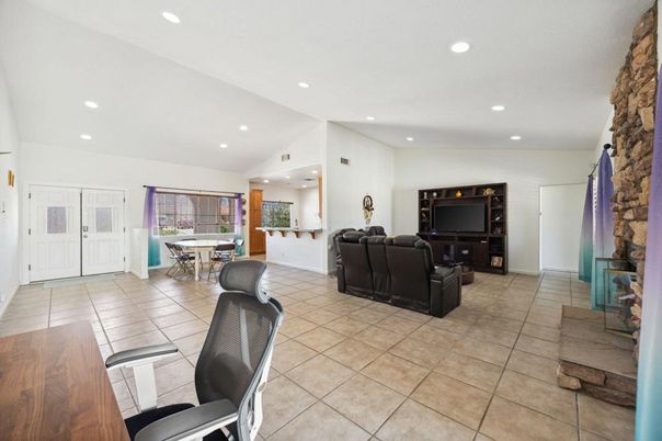 Dining room, Interior, Living room, Recessed Lighting, Stone Walls