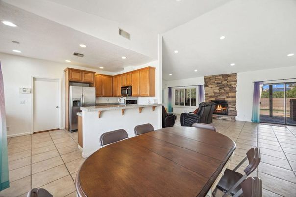 Dining room, Fireplace, Interior, Kitchen, Recessed Lighting, Stone Walls