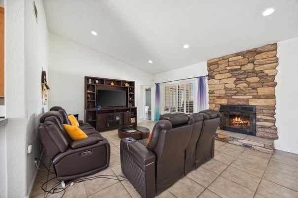 Fireplace, Interior, Living room, Recessed Lighting, Stone Walls