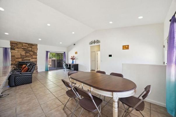 Dining room, Fireplace, Interior, Recessed Lighting, Stone Walls