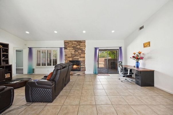 Fireplace, Home Office, Interior, Living room, Recessed Lighting, Stone Walls