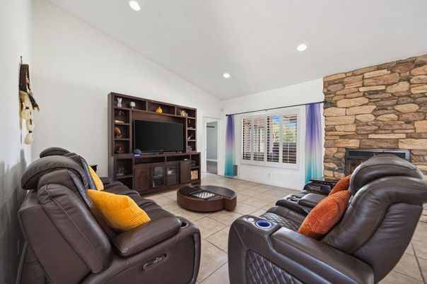 Fireplace, Interior, Living room, Recessed Lighting, Stone Walls