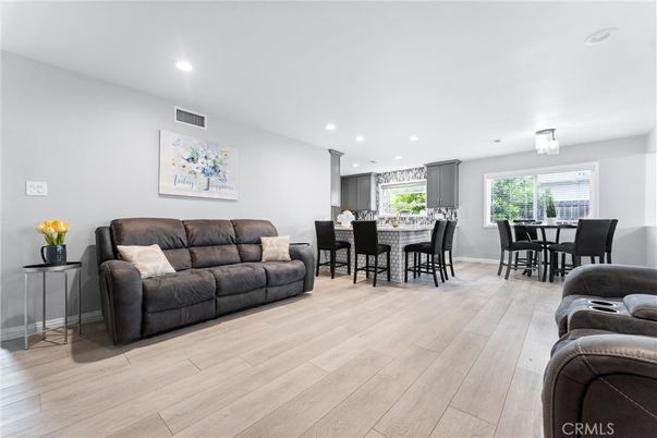 Dining room, Interior, Kitchen, Living room, Recessed Lighting, Wood Texture Flooring