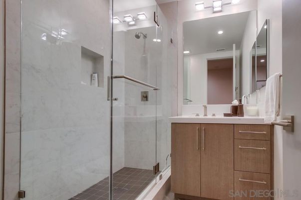 Bathroom, Glass Shower, Interior, Marble Walls, Recessed Lighting