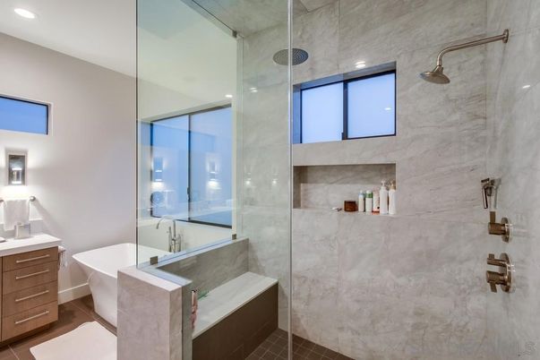 Bathroom, Free Standing Baths, Glass Shower, Interior, Marble Walls, Recessed Lighting