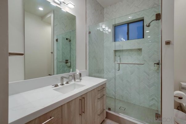 Bathroom, Glass Shower, Interior, Marble Walls, Recessed Lighting
