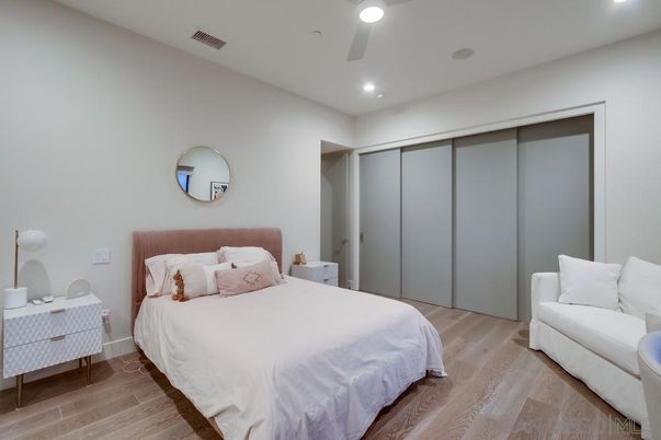 Bedroom, Interior, Recessed Lighting, Wood Texture Flooring
