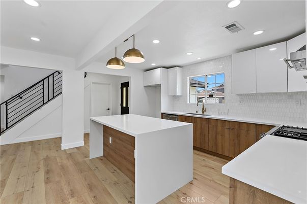 Interior, Kitchen, Pendant Lights, Recessed Lighting, Stainless Steel Appliances, Wood Texture Flooring