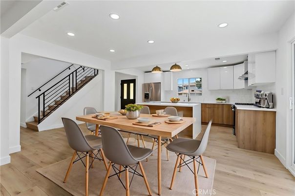 Dining room, Interior, Kitchen, Recessed Lighting, Stainless Steel Appliances, Wood Texture Flooring