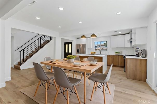 Dining room, Interior, Kitchen, Recessed Lighting, Stainless Steel Appliances, Wood Texture Flooring