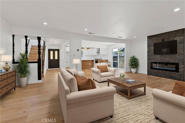 Fireplace, Interior, Kitchen, Living room, Recessed Lighting, Wood Texture Flooring