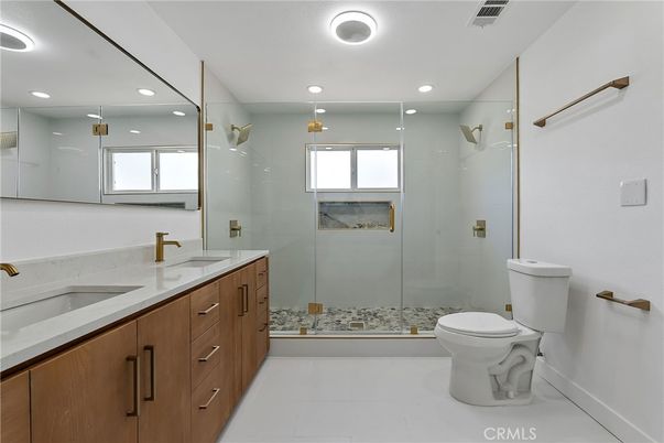 Bathroom, Dual Sink Vanities, Glass Shower, Interior, Recessed Lighting
