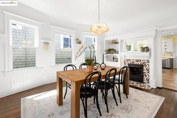 Chandelier, Dining room, Fireplace, Interior, Pendant Lights, Recessed Lighting, Wood Texture Flooring