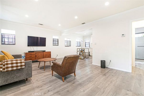 Dining room, Interior, Living room, Recessed Lighting, Wood Texture Flooring