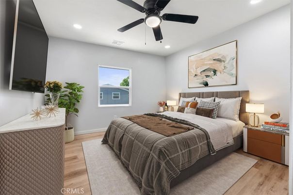 Bedroom, Interior, Recessed Lighting, Wood Texture Flooring