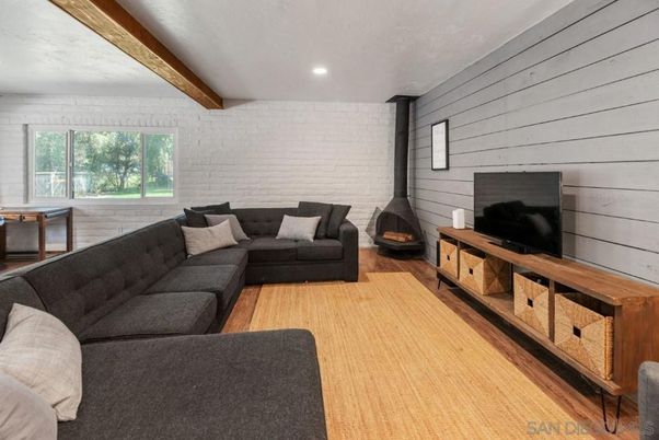 Fireplace, Interior, Living room, Recessed Lighting, Stone Walls, Wooden Beams, Wood Texture Flooring