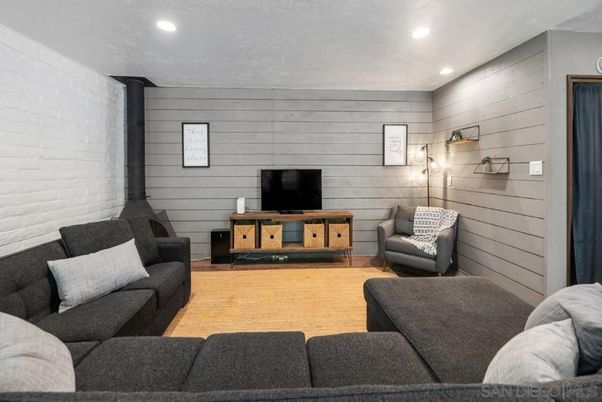 Interior, Living room, Recessed Lighting, Stone Walls, Wood Texture Flooring
