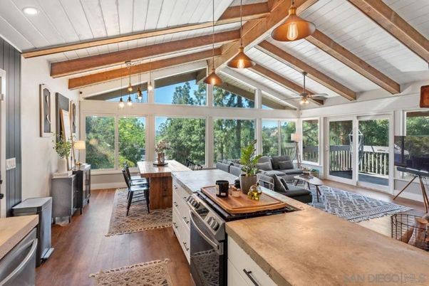 Dining room, Interior, Kitchen, Living room, Pendant Lights, Wooden Beams, Wood Texture Flooring