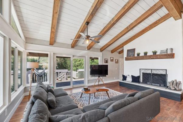 Dining room, Interior, Kitchen, Living room, Pendant Lights, Wooden Beams, Wood Texture Flooring