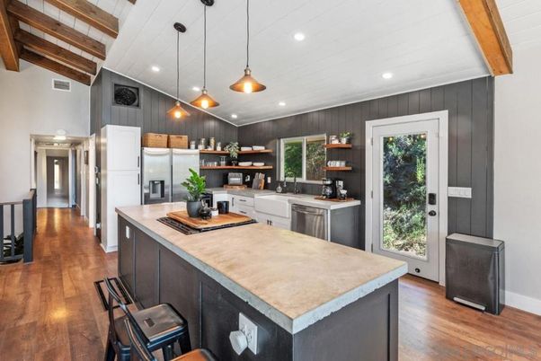 Interior, Kitchen, Pendant Lights, Recessed Lighting, Stainless Steel Appliances, Wooden Beams, Wood Texture Flooring