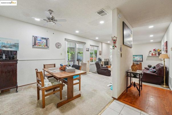 Dining room, Interior, Living room, Recessed Lighting, Wood Texture Flooring