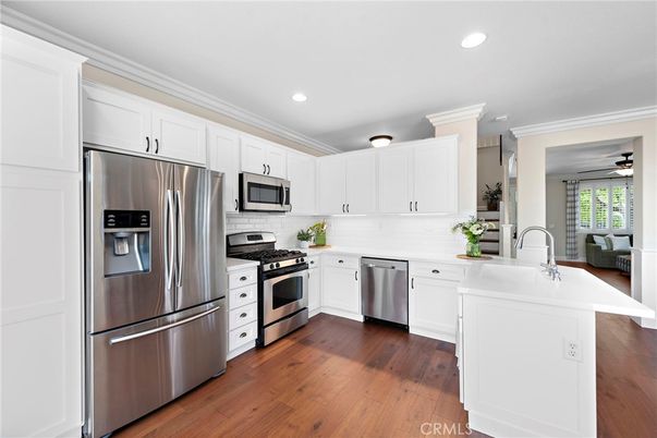 Interior, Kitchen, Recessed Lighting, Stainless Steel Appliances, Wood Texture Flooring