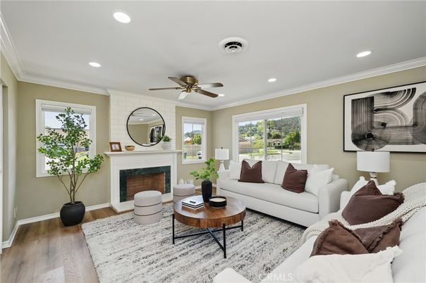 Fireplace, Interior, Living room, Recessed Lighting, Wood Texture Flooring
