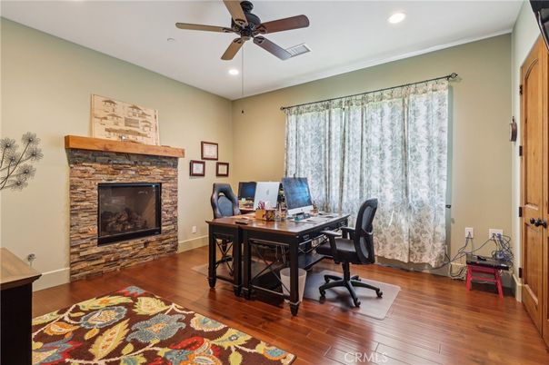 Fireplace, Home Office, Interior, Recessed Lighting, Wood Texture Flooring