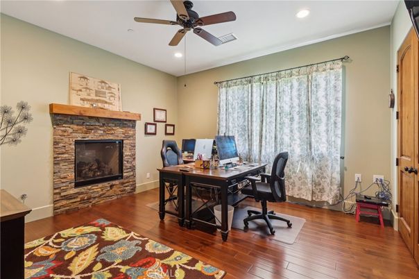 Fireplace, Home Office, Interior, Recessed Lighting, Wood Texture Flooring