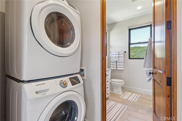 Bathroom, Interior, Recessed Lighting, Utility Closets, Washer, Wood Texture Flooring