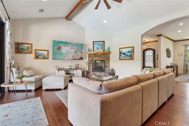 Fireplace, Interior, Living room, Recessed Lighting, Wooden Beams, Wood Texture Flooring